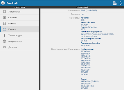 Снимок экрана с информацией об оборудовании Droid